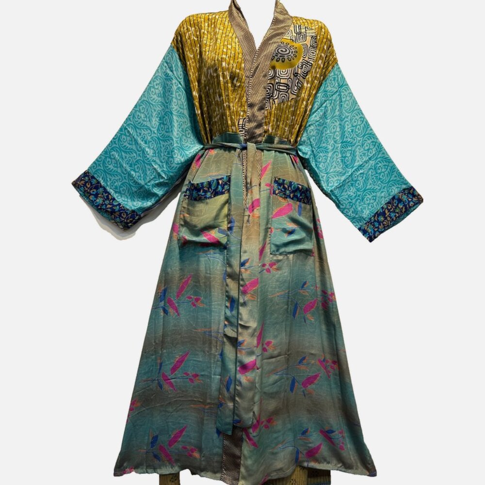 Nwt FUNKY STUFF boho patch belted vintage silk TOP DUSTER CARDIGAN 5X